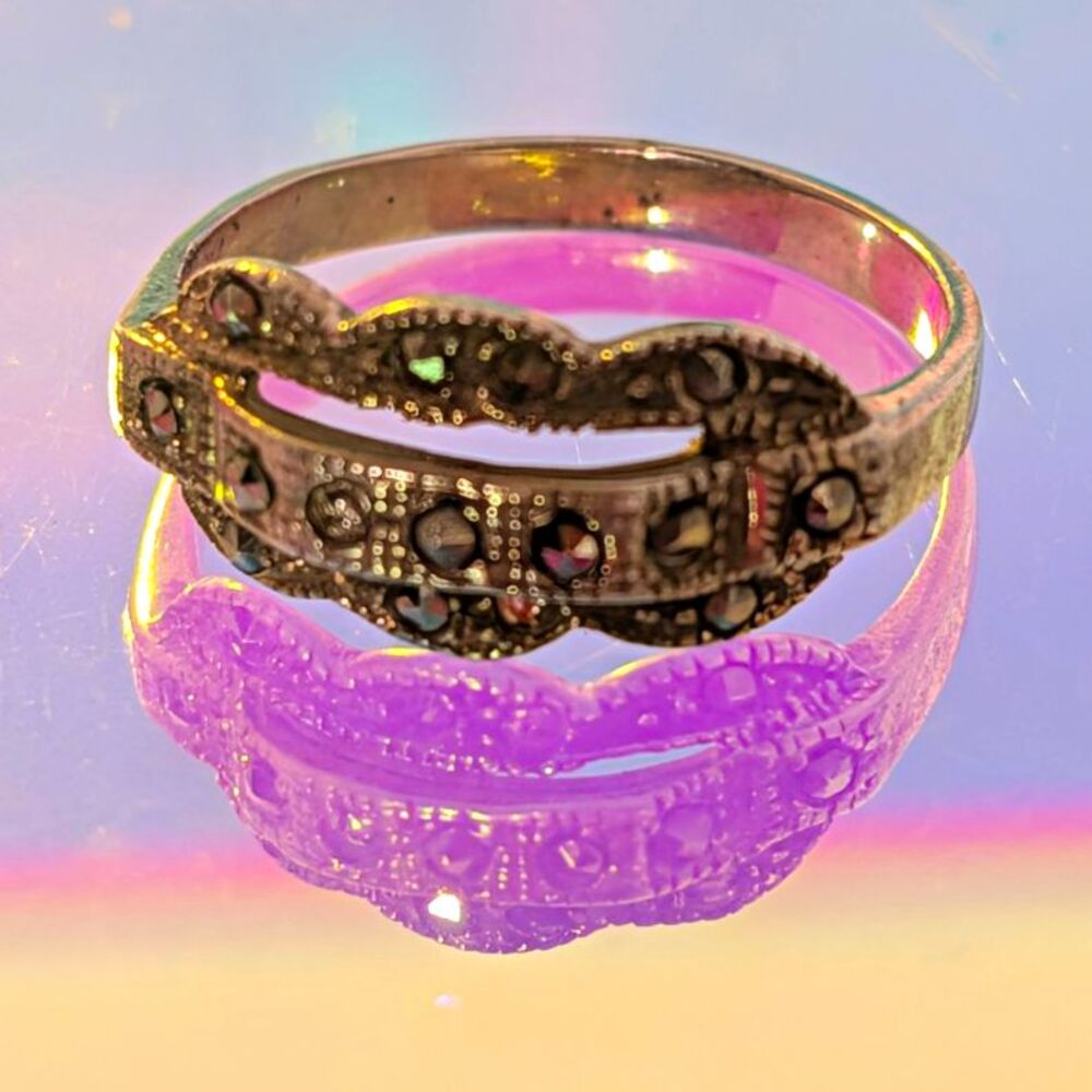 Vintage 1990s 925 Sterling Silver Ring Size 6 Art Deco Marcasite Style 4g